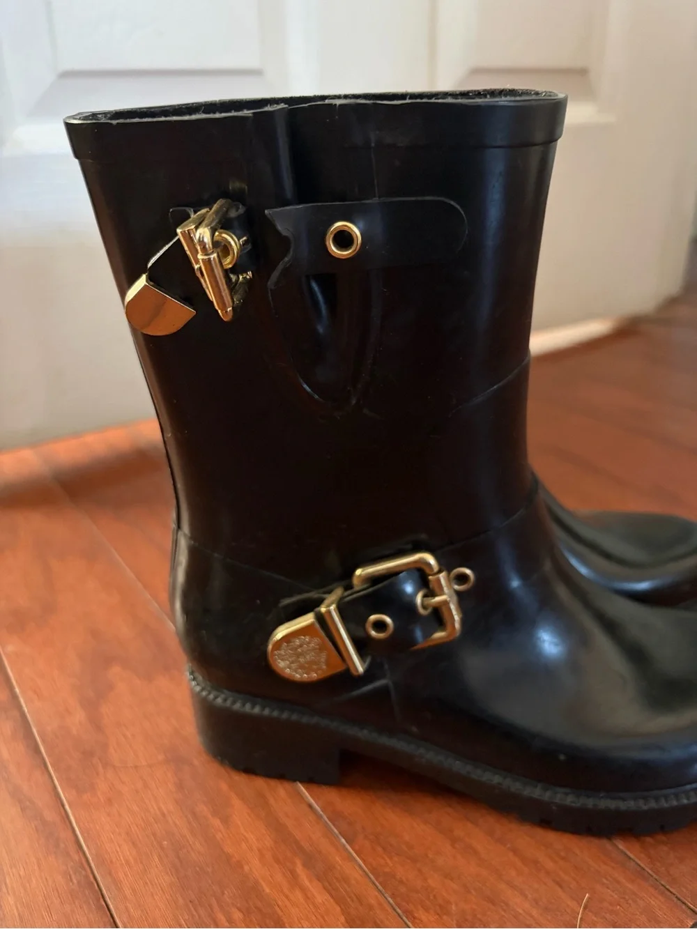 Vince Camuto Black Rain Boots with Gold Buckles